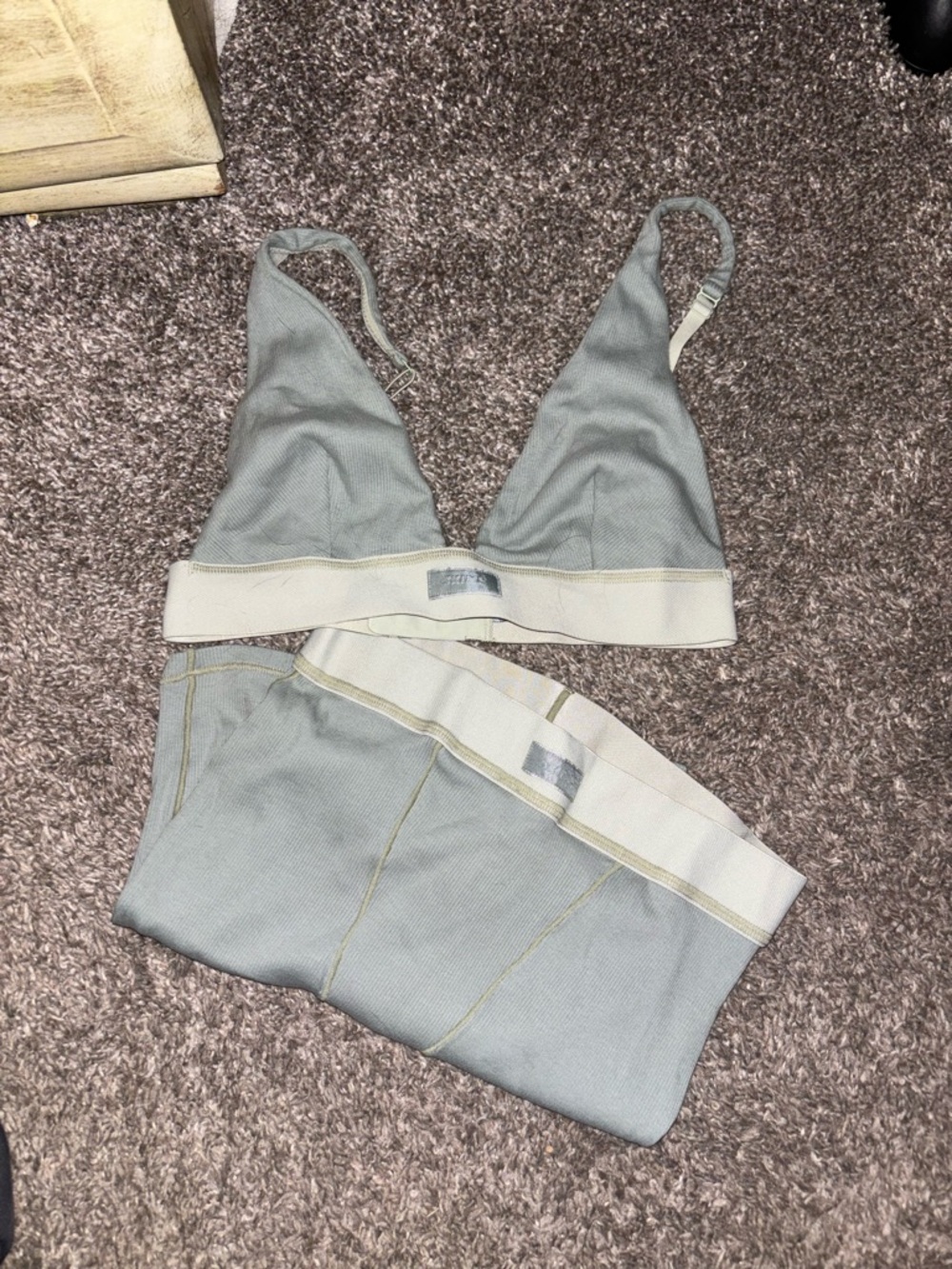 SKIMS Ribbed Triangle Bralette and High-Waist Briefs - Sage Green